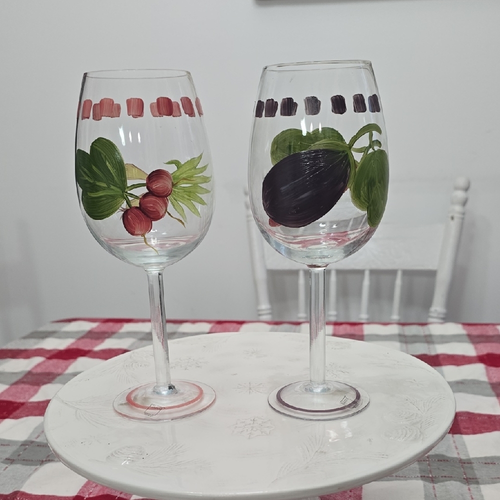 Vintage Set Of 2 Gates Ware Handpainted Wine Glasses Radish Eggplant Shanghai